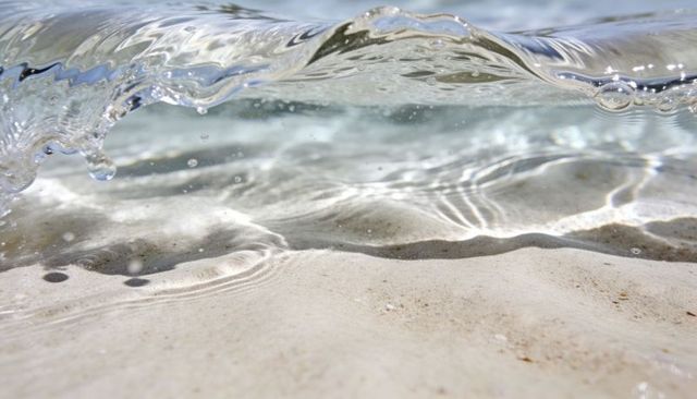 Cresting crystal-clear wave revealing pale sand and sunlit caustic ripples nearshore