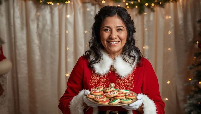 Festive Woman Holding Tray of Colorful Holiday Cookies