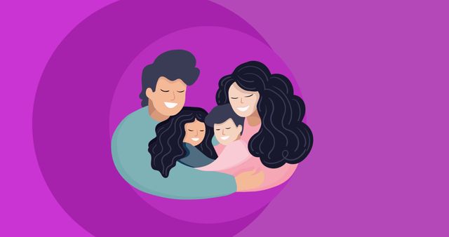 This illustration shows a happy family of four, including two parents hugging two children, on a vibrant purple background. Perfect for use in family-oriented content, parenting blogs, family therapy websites, and promotional materials advocating familial love and unity.