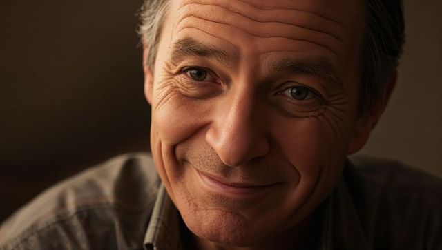 Smiling senior man showing gentle closed-mouth smile in warm close-up portrait
