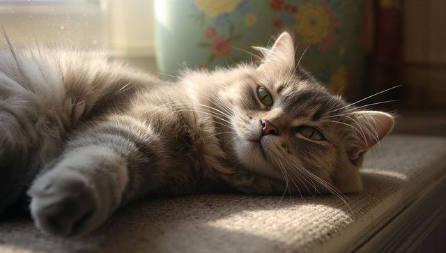 Sunlit long-haired tabby cat basking and stretching on cozy window sill with floral planter