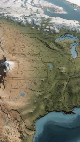 Vertical Panning 3D Relief Map From US to Arctic Showing Topography, Borders and Great Lakes Ice