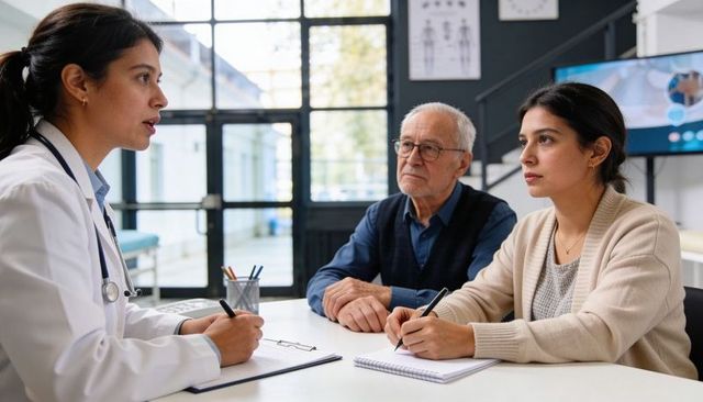 Female doctor consulting senior patient with family member in bright medical clinic
