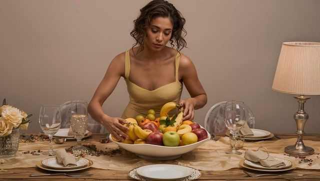 Woman arranging fruit centerpiece on elegant dining table with gold chargers and roses