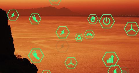 Sustainability Concept with Eco Icons Over Scenic Landscape