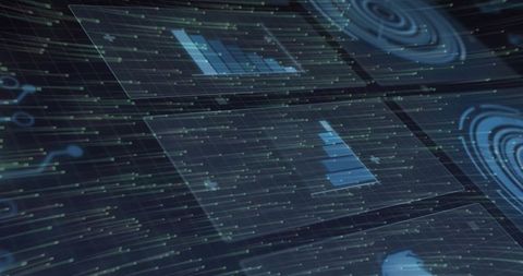 Translucent Holographic Dashboard Showing Blue Bar Charts and Grid Analytics