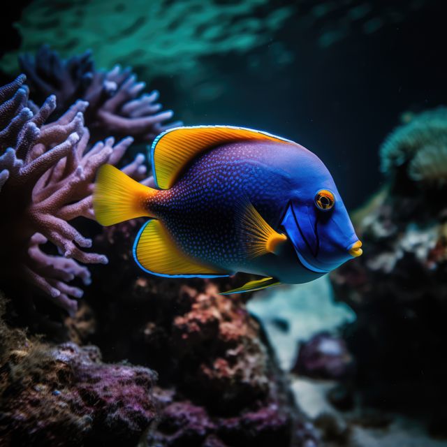 Blue and yellow tang fish swimming close to coral reef. Perfect for use in educational materials about marine biology, illustrating articles about tropical oceans, or adding a vibrant touch to aquatic-themed designs. Ideal for websites, brochures, presentations, and posters focusing on underwater life and aquatic environments.