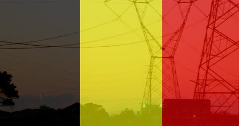 Flag of Belgium Over High Voltage Power Lines