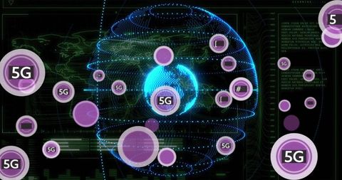 Rotating holographic globe with 5g connectivity tokens and neon network dashboard visual