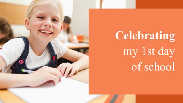 Happy young girl sitting at desk in classroom, enjoying her first day of school. Perfect for back to school promotions, educational materials, or inspiring tutoring services.