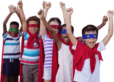 Diverse Kids Celebrating in Superhero Costumes Transparent Background