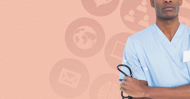 Male Surgeon Holding Stethoscope Against Pastel Background with Medical Icons - Download Free Stock Photos Pikwizard.com