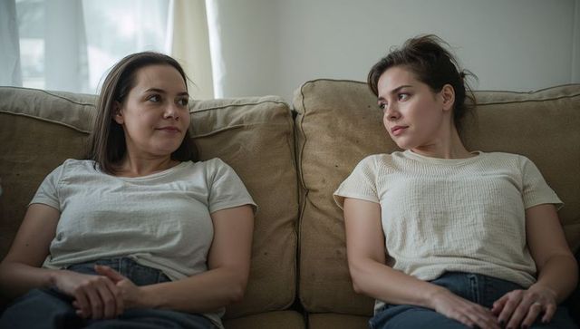 Two women sitting on couch having quiet conversation in casual home scene