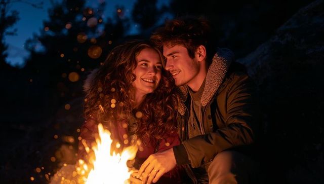 Young couple cuddling by campfire at night sharing warmth and smiles