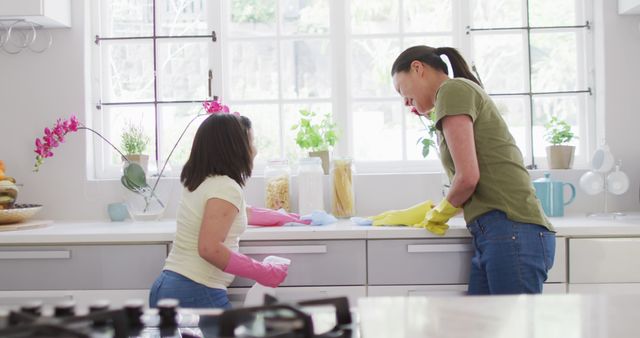 Two women are cleaning kitchen together, wearing gloves, surrounded by cleaning supplies. They appear happy and engaged in their task. This image is perfect for illustrating concepts like teamwork, domestic chores, and house maintenance. Suitable for use in articles, advertisements, and blogs about daily home routines, cleaning products, and family activities.