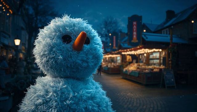 Fluffy Snowman at Festive Christmas Market in Winter Night