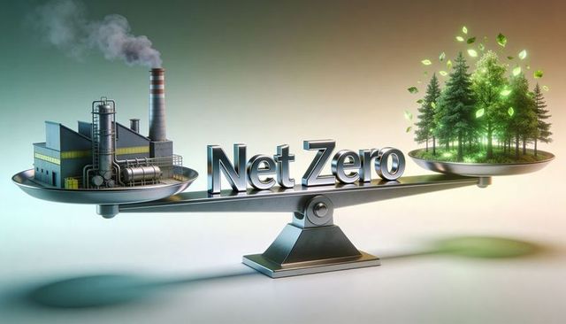 Balancing net zero scale with factory and glowing forest symbolizing carbon neutrality