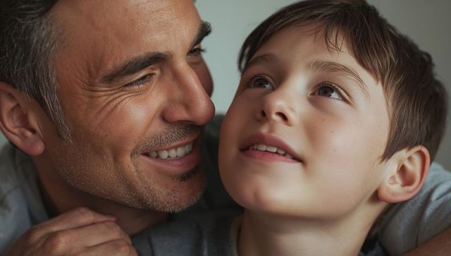 Father and son sharing warm smile and tender bond during quiet moment