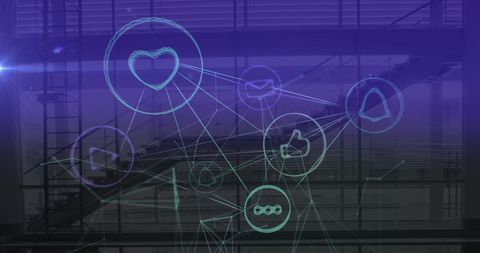 Digital network with social media icons and cityscape background