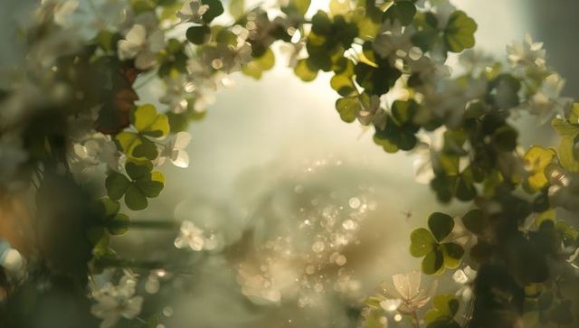 Sunlit clover arch framing dewdrops and white blossoms, glowing bokeh macro background