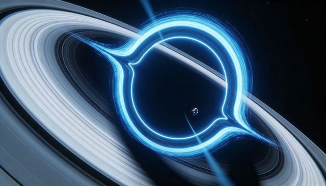 Astronaut drifting through neon wormhole near ringed gas giant with glowing portal