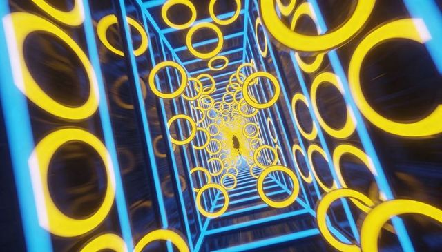 Neon-blue frame tunnel leading into glowing yellow ring vortex with reflective geometric depth