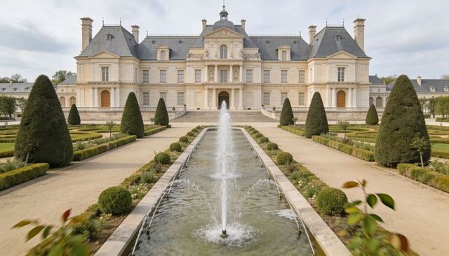 Neoclassical manor with symmetrical facade and reflecting pool in formal parterre garden
