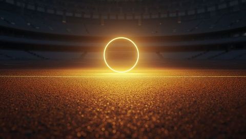 Glowing golden neon ring casting warm light across stadium turf with cinematic bokeh