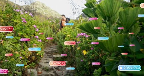 Tech-savvy hiker on mountain trail amid floral surroundings