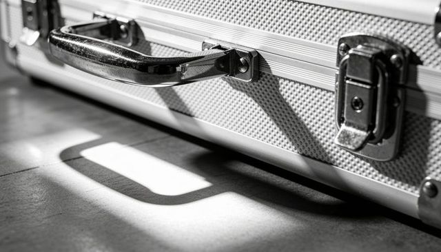 Textured aluminum equipment case with chrome handle and latch casting dramatic shadow