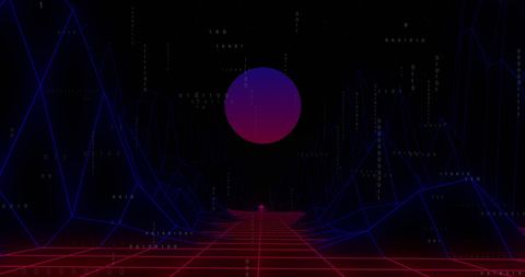 Futuristic digital landscape with neon mountains and abstract data