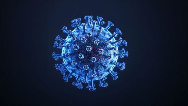3d blue coronavirus model showing spike proteins and red core filaments in virtual studio