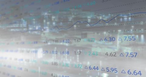 Financial data overlay updating over blurred night skyline with rising stock chart trend