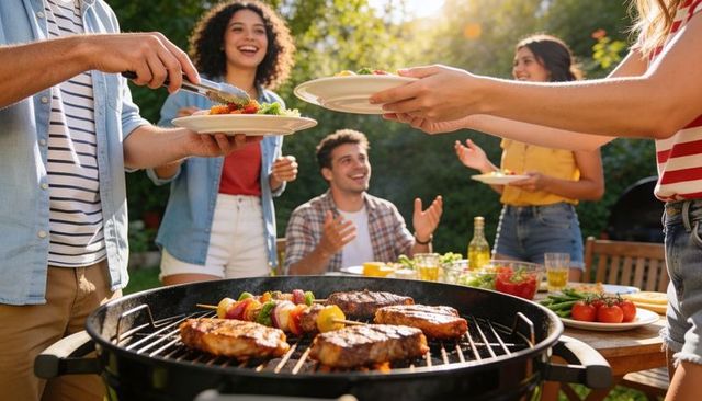 Backyard summer barbecue grilling steaks and colorful vegetable skewers, friends laughing