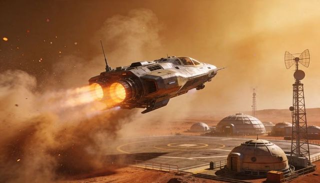 Spacecraft Taking Off Over Red Desert Colony With Dome Habitats and Blazing Thrusters