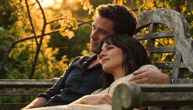 Couple relaxing on weathered garden bench during golden hour