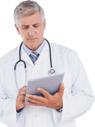 Experienced caucasian doctor using tablet transparent background