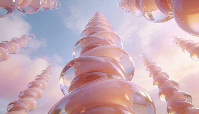 Soaring glossy spiral towers in pastel sky reflecting light and dreamlike translucence