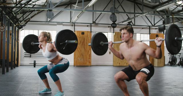 Two fit individuals lifting barbells in industrial gym, indicating intense weight training and focus on building physical strength. Image can be used in fitness-related blogs, gym advertisements, motivational posters, or workout programs to highlight the benefits of strength training, proper technique, and fitness atmosphere.