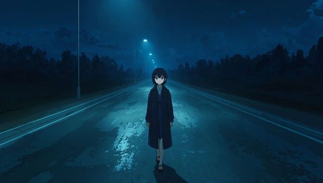 Anime Girl Walking on Nighttime Highway Under Streetlights