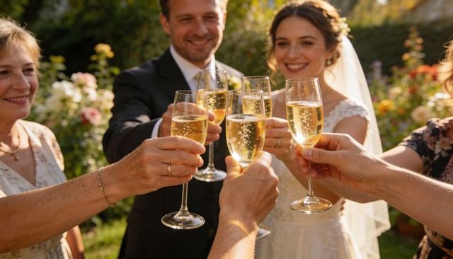 Garden wedding toast with bride and groom clinking champagne flutes during golden hour