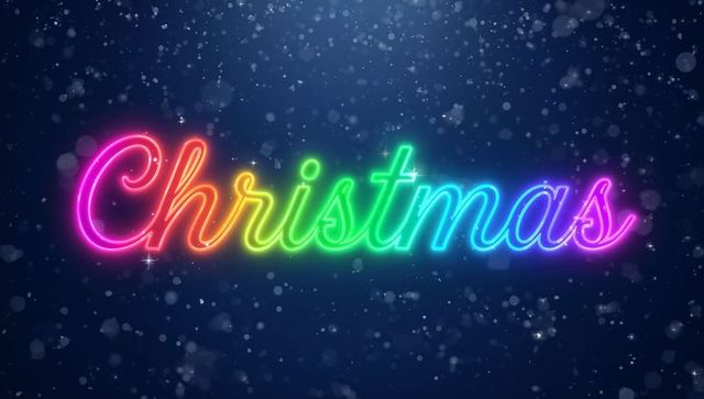 Rainbow neon cursive christmas glowing holiday text with snow bokeh and iridescent halo