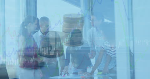 Diverse Team Collaborating on Financial Strategy with Data Overlay