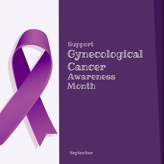 Purple awareness ribbon and support gynecological cancer awareness month with september text. Illustration, copy space, purple, white, cervical cancer, medical, healthcare and prevention concept.