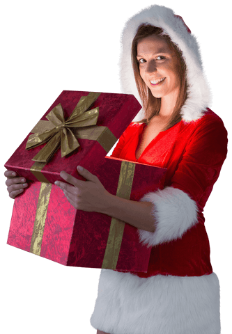 Festive Brunette in Santa Costume Opening Gift Box Transparent Background