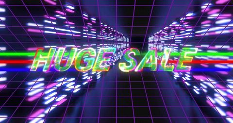 Neon cyberpunk huge sale in futuristic grid corridor