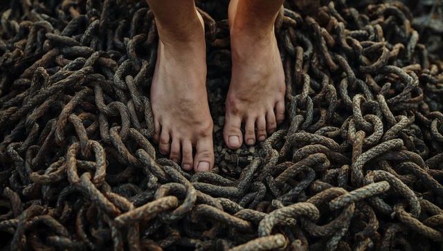 Bare feet standing on weathered rusted chains evoking grit and resilience