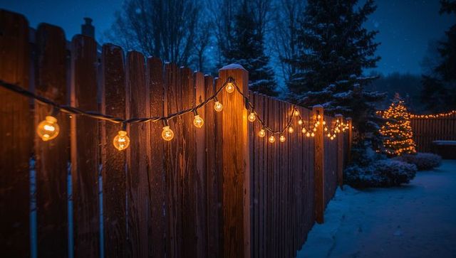 Glowing globe string lights draping snowy wooden fence with warm amber glow, cozy winter night