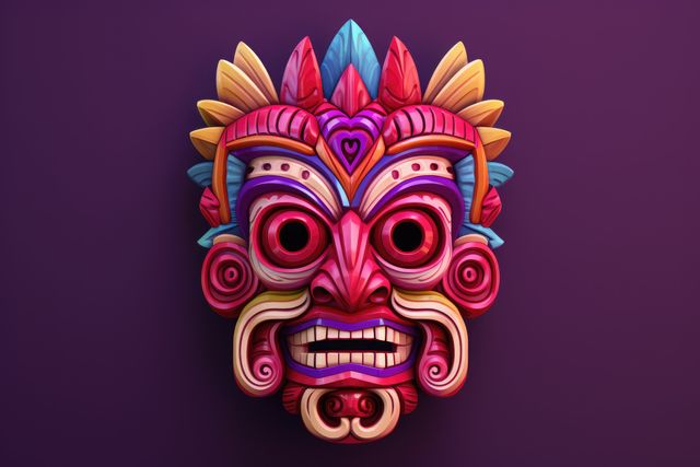 Colourful tiki mask on purple background, created using generative ai technology. Culture, tradition, decoration, pattern and colour concept digitally generated image.