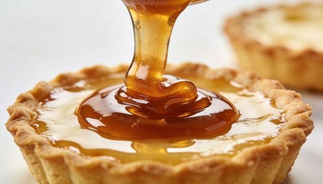 Drizzling caramel ribbon glazing tartlet with glossy amber filling and crispy shortcrust